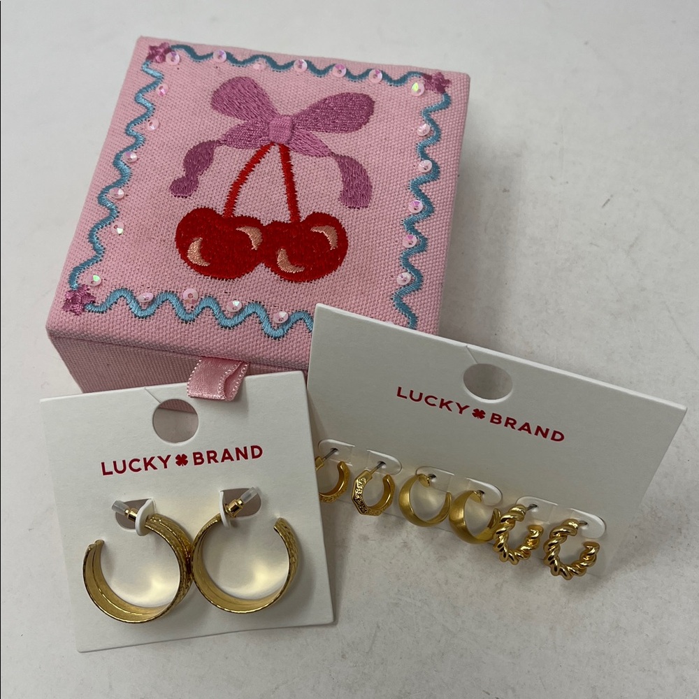 LUCKY BRAND EARRING BUNDLE WITH CHERRY EMBROIDERED JEWELRY BOX NEW
